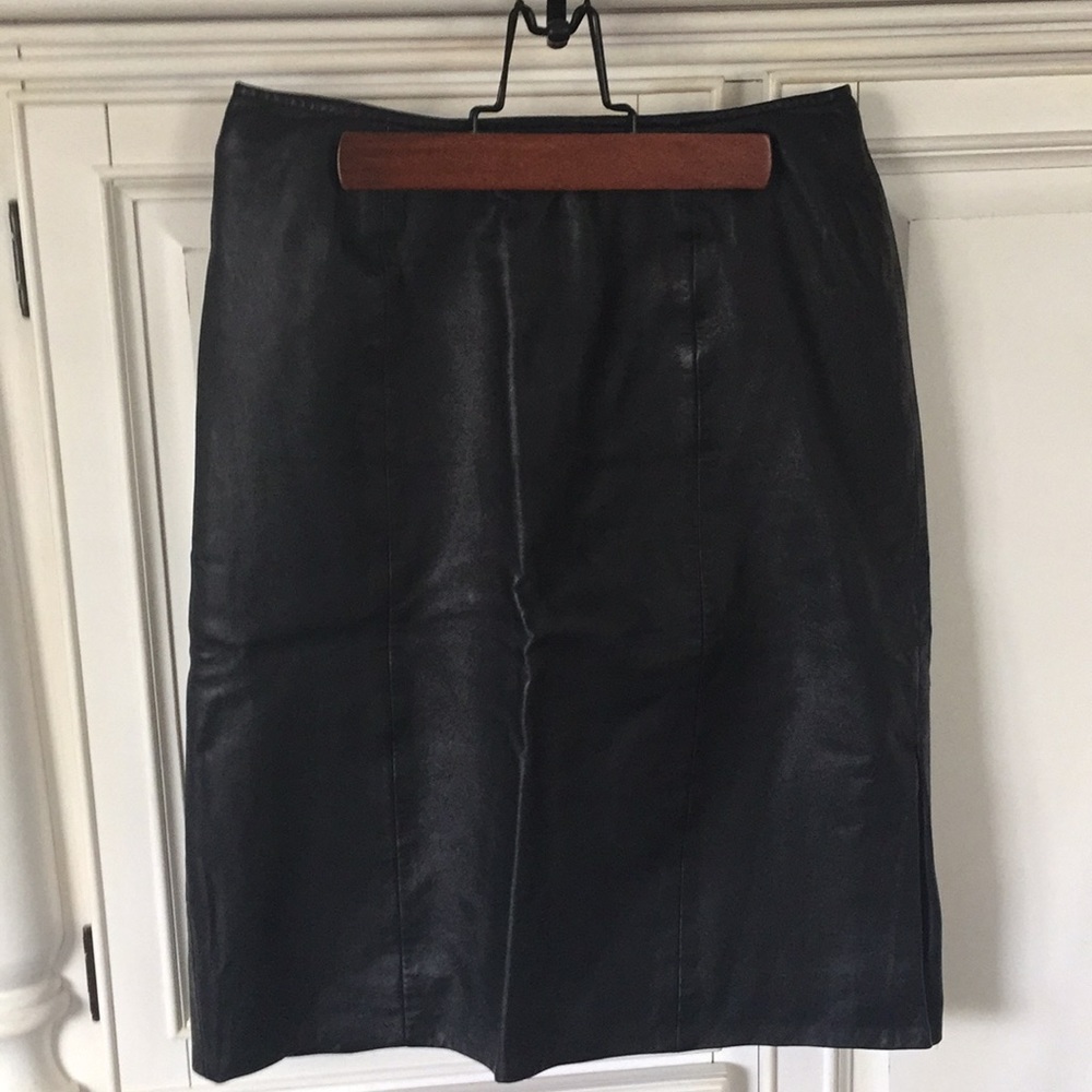 EUC Vintage knee length 💯% Black Leather pencil skirt with side slit